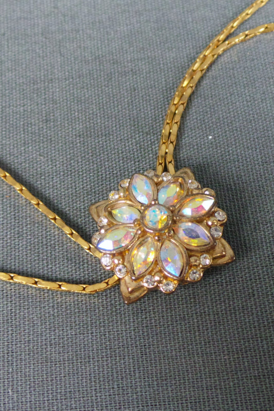 1980s Aurora Borealis Gold Bolo Style Necklace