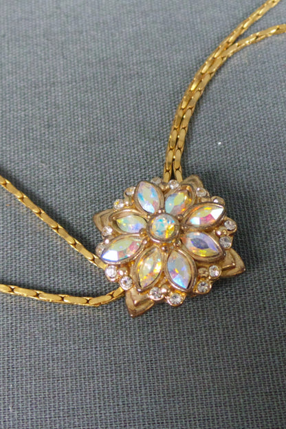 1980s Aurora Borealis Gold Bolo Style Necklace