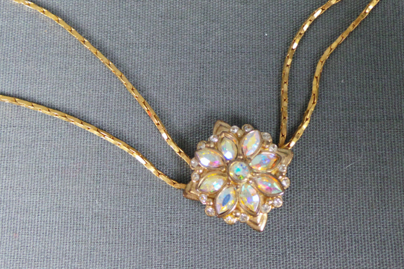 1980s Aurora Borealis Gold Bolo Style Necklace