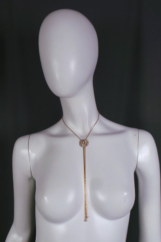 1980s Aurora Borealis Gold Bolo Style Necklace