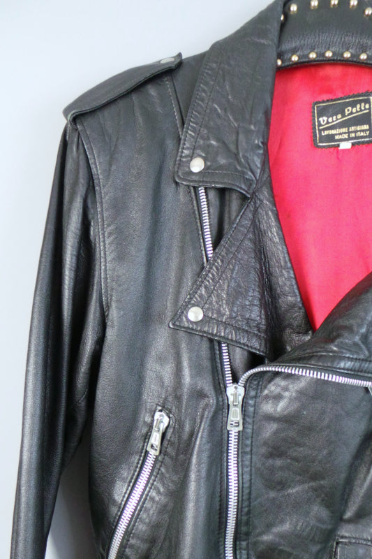 1970 Italian Black Leather Biker Jacket | 2XL