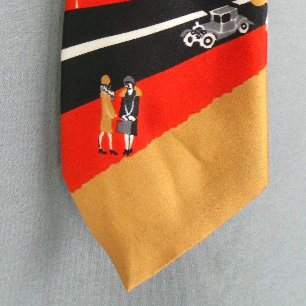 1970s Red Black Transports Print Vintage Mens Tie