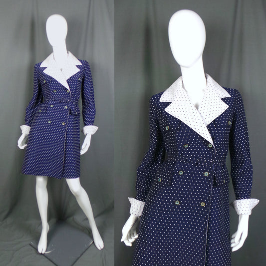 1970s Navy White Spot Trench Coat Vintage Jaeger