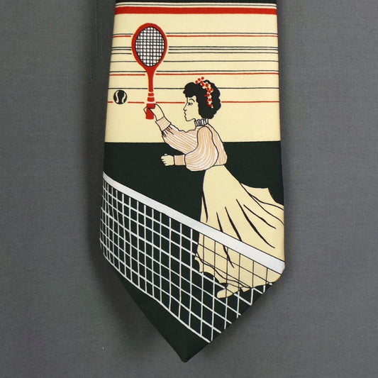 1970s Green and Cream Stripe Tennis Novelty Print Vintage Mens Tie