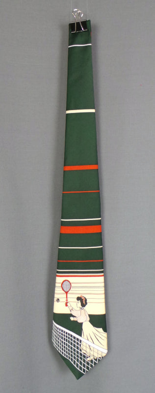 1970s Green Stripe Tennis Print Vintage Mens Tie