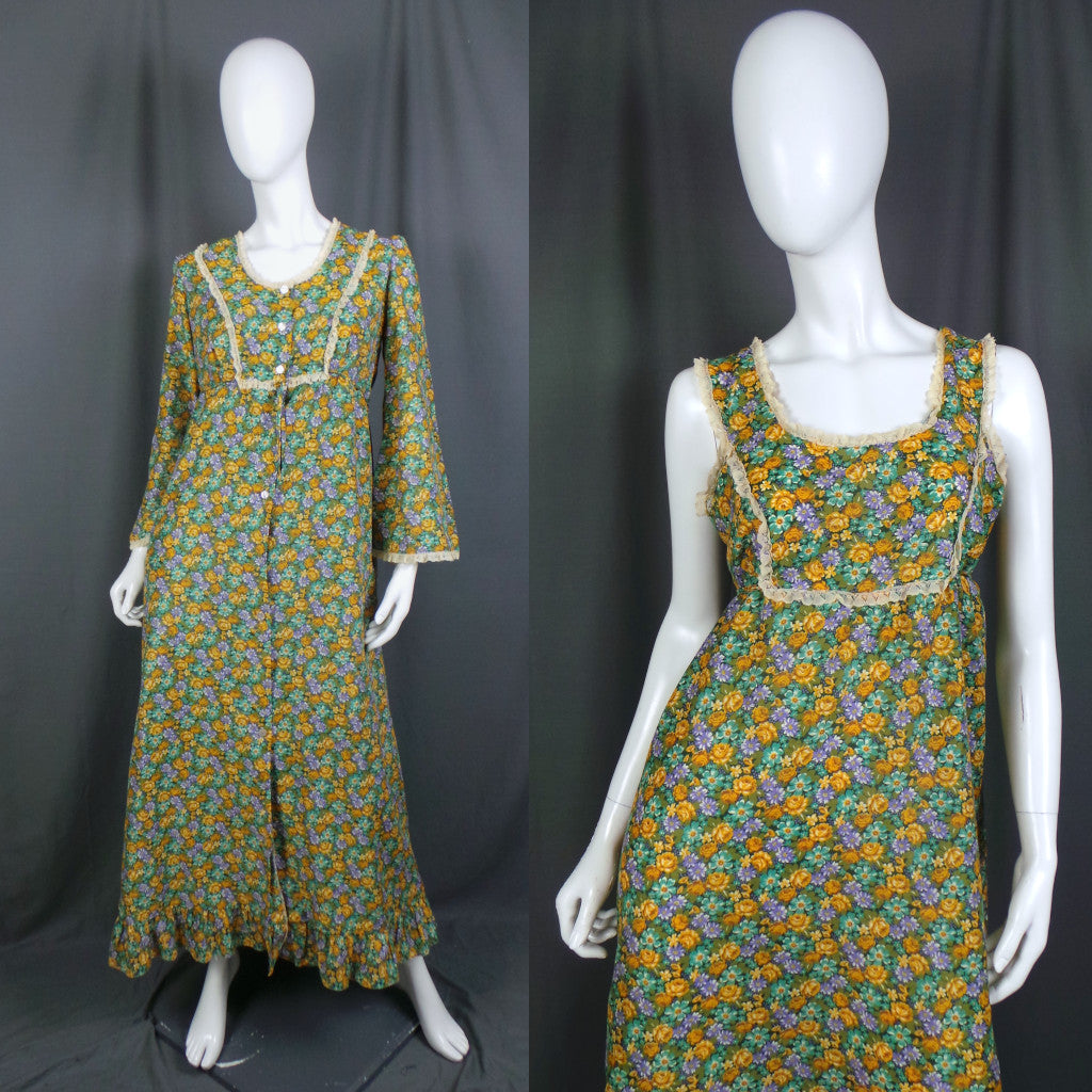 1970s Green Floral Vitnage Prairie Dress & Jacket | Slenderella