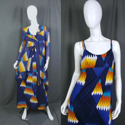 1970s Blue & Yellow Geometric Vintage Dress & Jacket | Harper