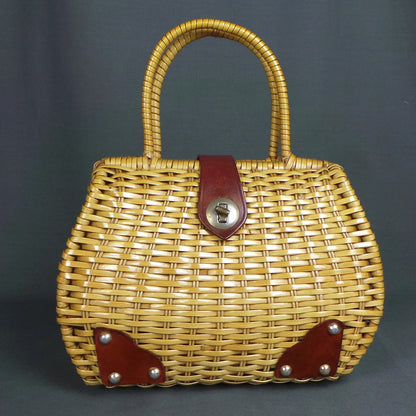 1960s Brown Plastic Wicker Vintage Basket Bag