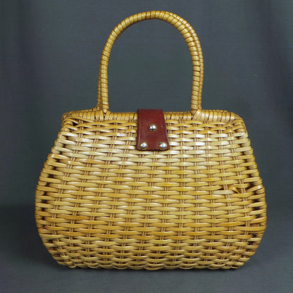 1960s Brown Plastic Wicker Basket Bag