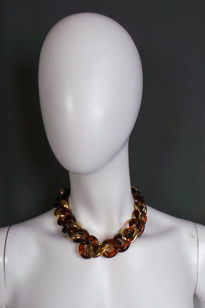 1980s Chunky Tortoise Shell and Gold Chain Necklace