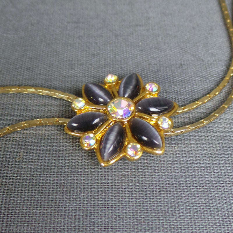 1980s Smoke Gem Gold Bolo Style Necklace