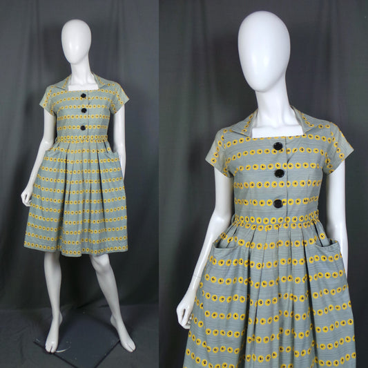 1950s Grey Rose Print Dress | Bercal | XS