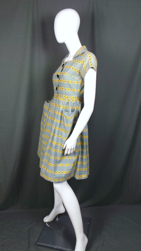 1950s Grey Rose Print Dress | Bercal | XS