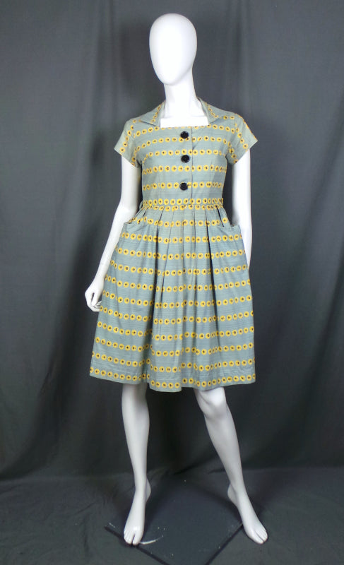 1950s Grey Rose Print Dress | Bercal | XS