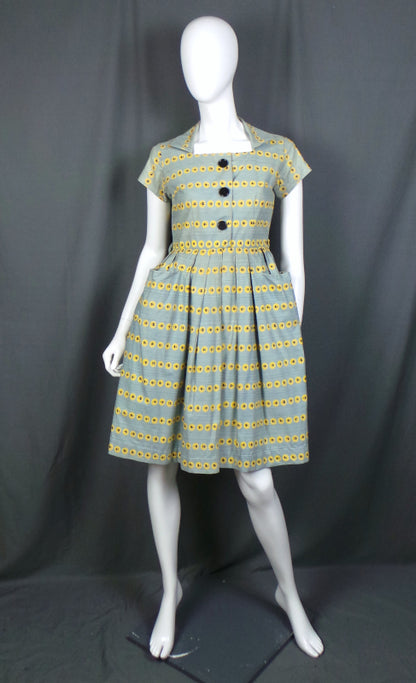 1950s Grey Rose Print Dress | Bercal | XS