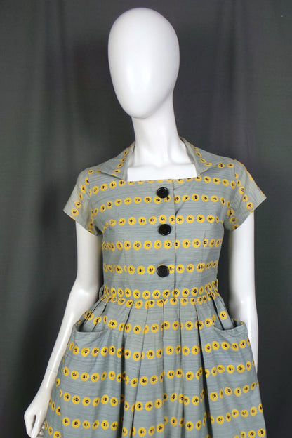 1950s Grey Rose Print Dress | Bercal | XS