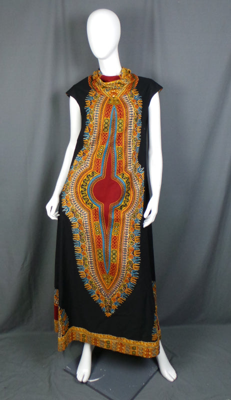 1970s Black Red Dashiki Vintage Kaftan Dress