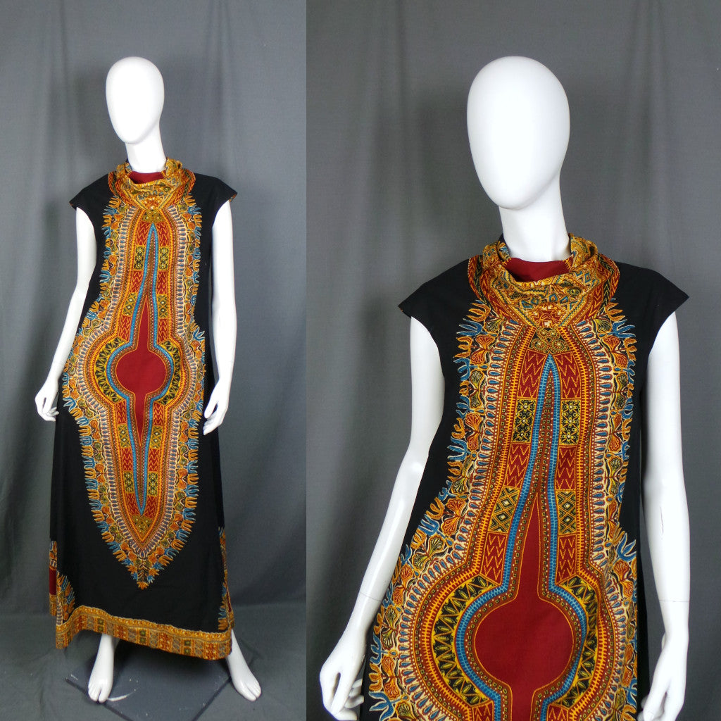 1970s Black and Red Vintage Dashiki Kaftan Dress