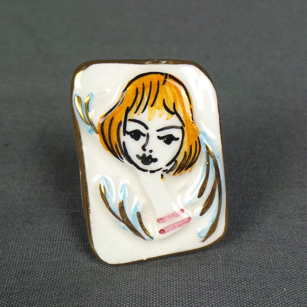 1960s Beatnik Girl Ceramic Vintage Brooch