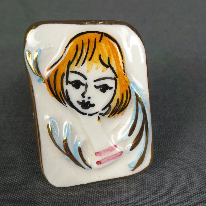 1960s Beatnik Girl Ceramic Brooch