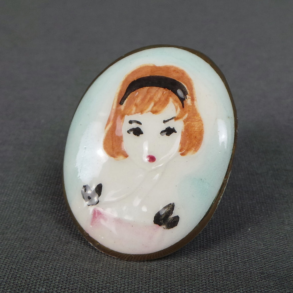 1960s Prom Girl Ceramic Vintage Brooch