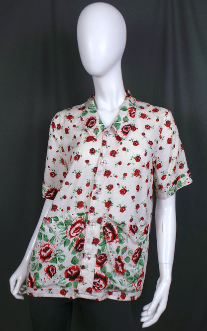 1980s Rose Print White Shirt | XL