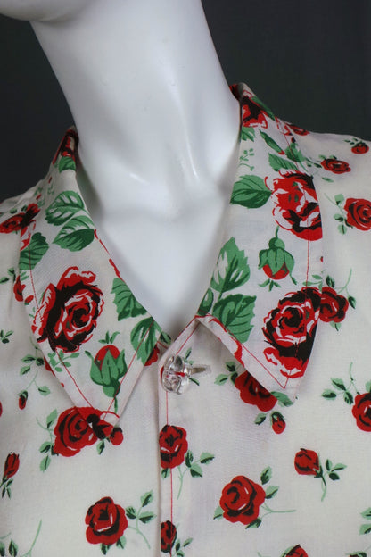 1980s Rose Print White Shirt | XL