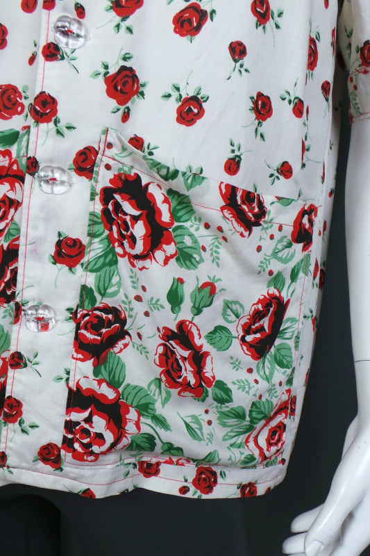 1980s Rose Print White Shirt | XL