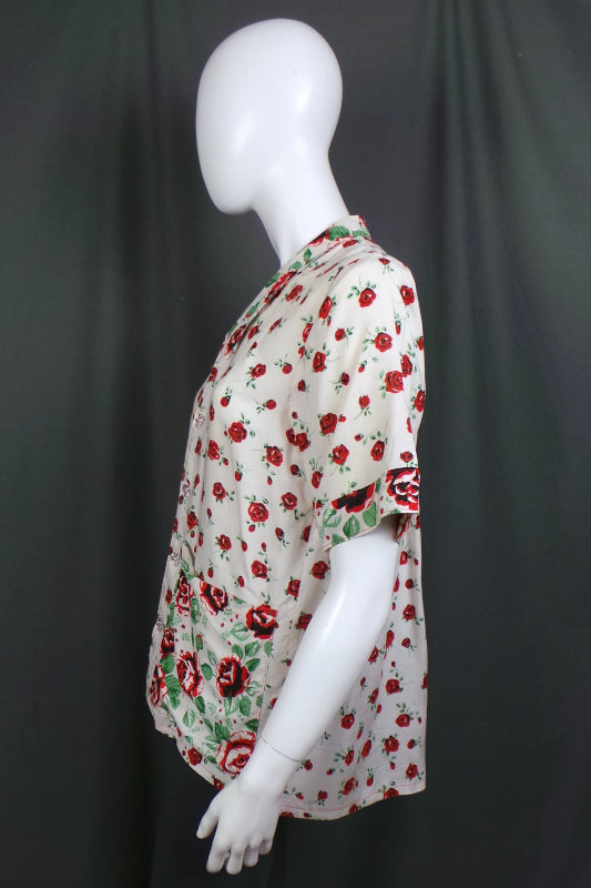 1980s Rose Print White Shirt | XL