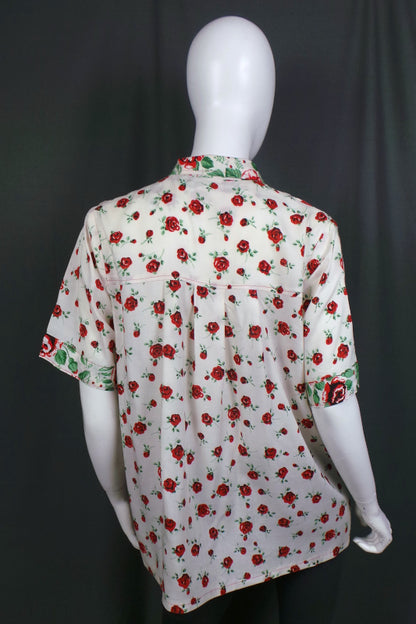 1980s Rose Print White Shirt | XL