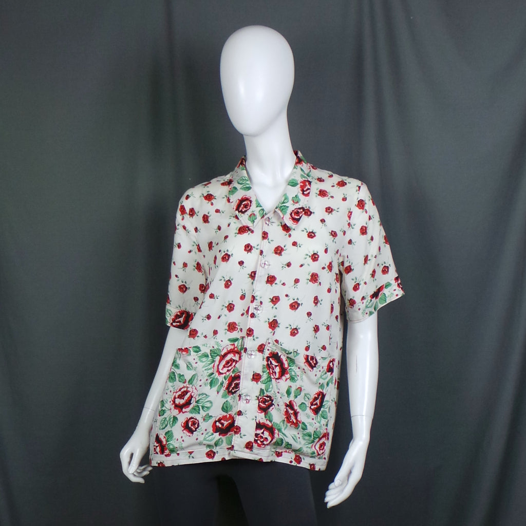 1980s Rose Print White Vintage Shirt