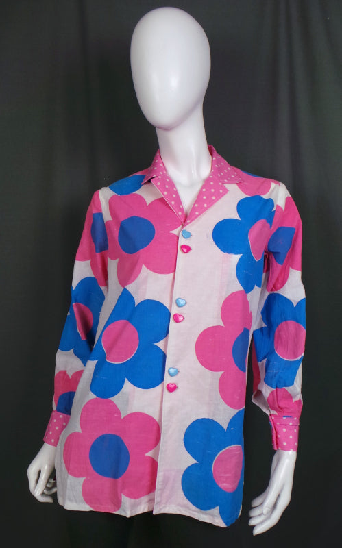 1980s Blue and Pink Jumbo Daisy Shirt | L