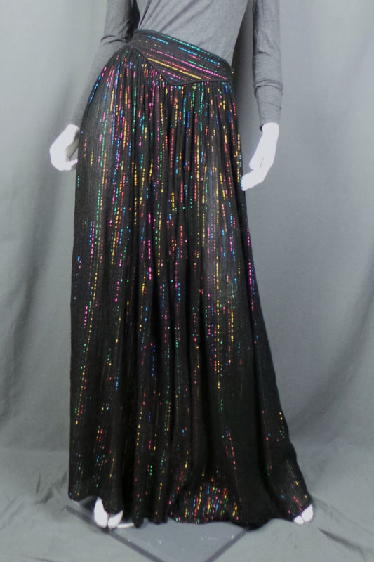 1960s Black Fine Cotton Rainbow Lurex Palazzo Pants, 28in Waist