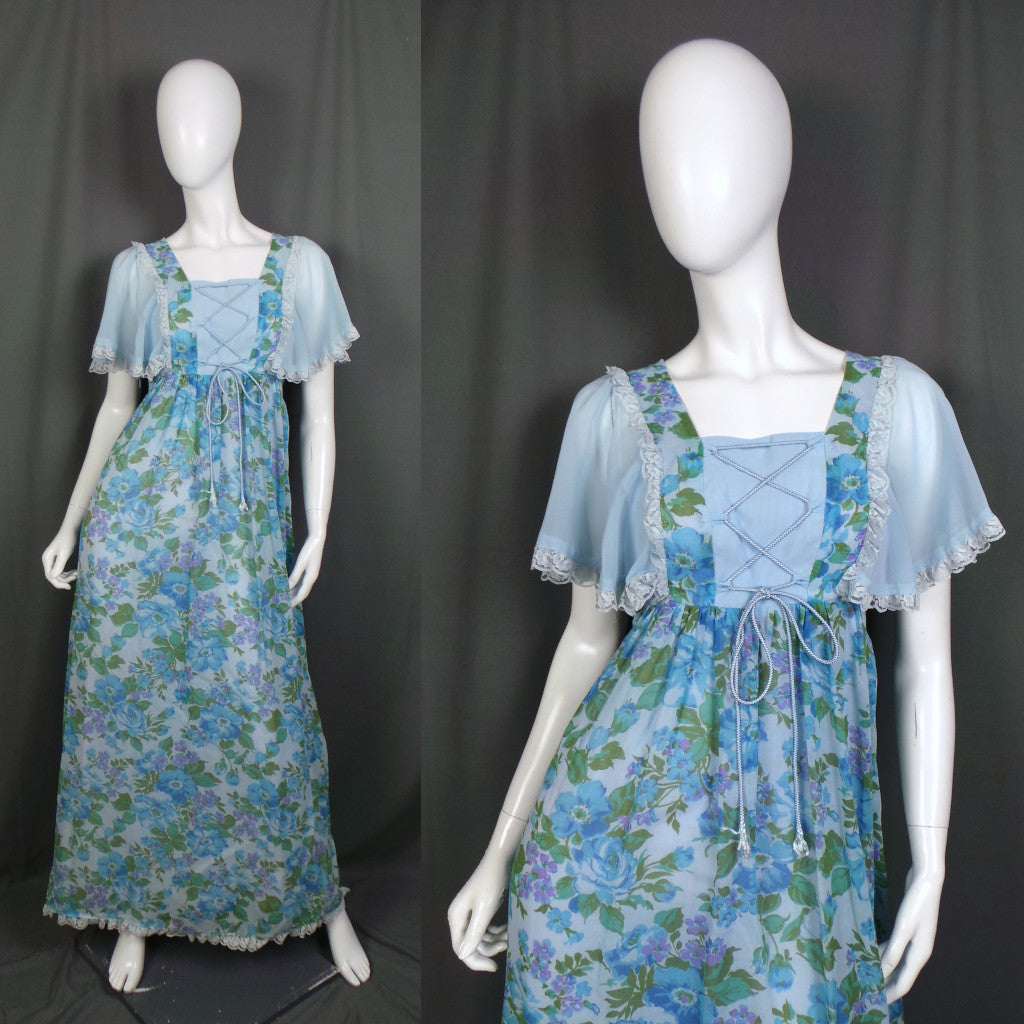 1970s Blue Floral Flutter Sleeve Vintage Prairie Dress