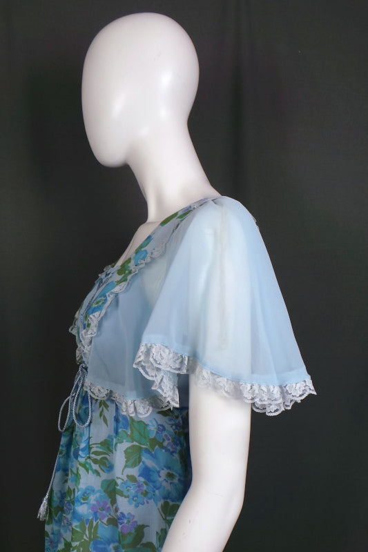 1970s Pale Blue Floral Flutter Sleeve Prairie Maxi Dress, 37in Bust