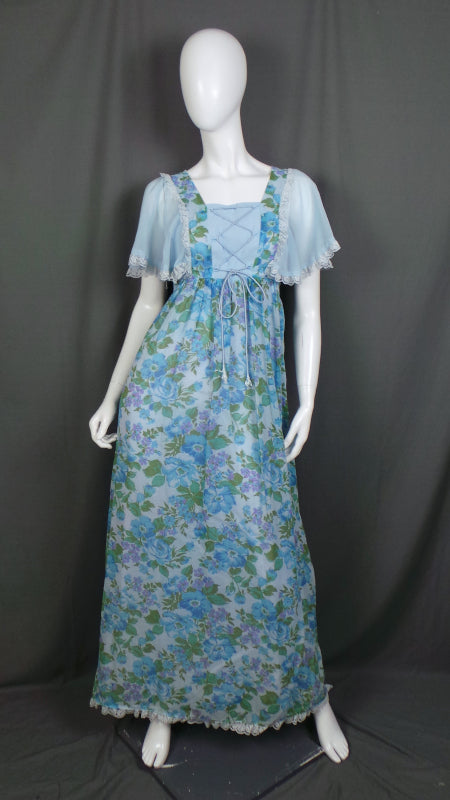 1970s Blue Floral Flutter Sleeve Vintage Prairie Dress