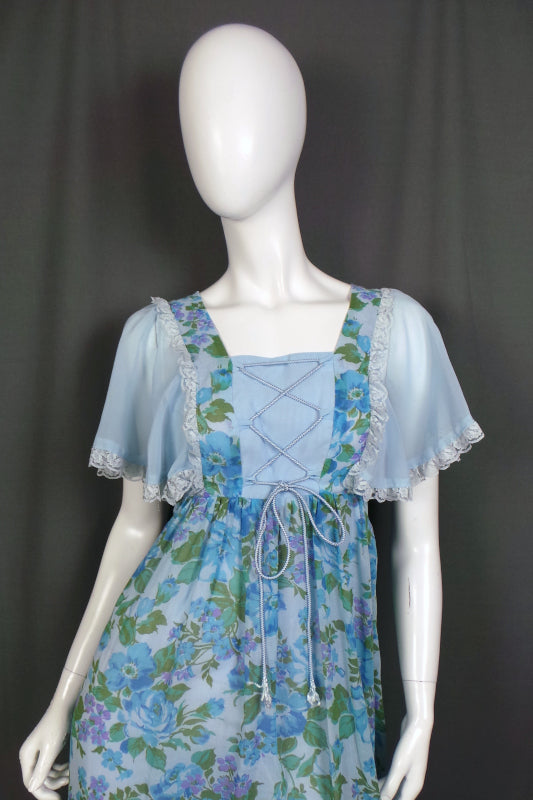 1970s Blue Floral Flutter Sleeve Prairie Dress | S