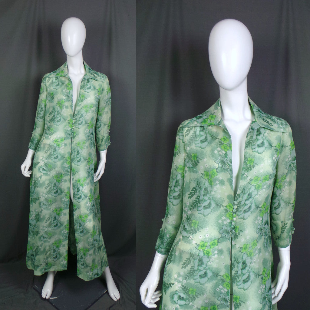 1970s Green Floral Sheer Maxi Vintage Jacket