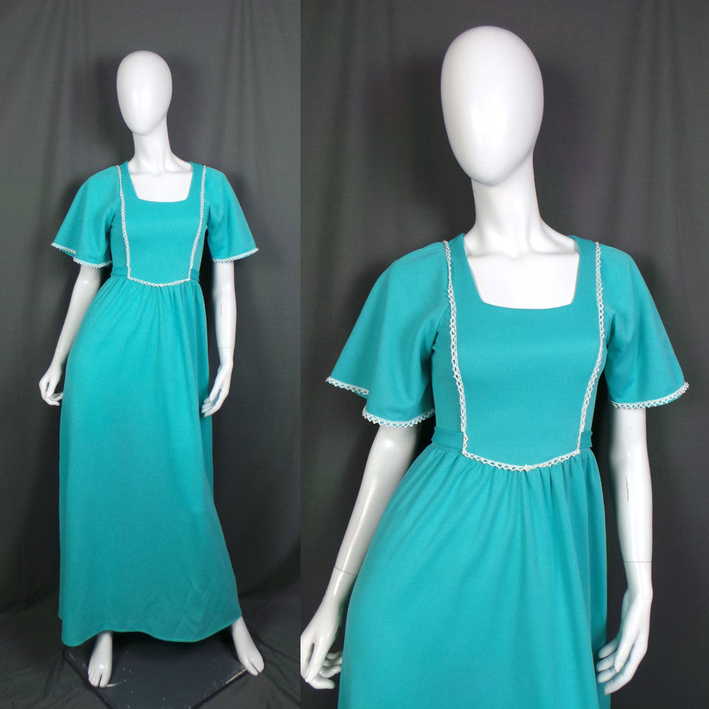 1960s Aqua Frill Sleeve Vintage Maxi Dress