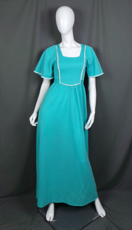 1960s Aqua Frill Sleeve Vintage Maxi Dress