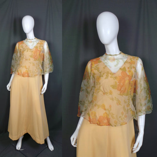 1960s Yellow Chiffon Cape Vintage Maxi Dress