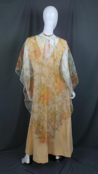 1960s Yellow Chiffon Cape Maxi Dress | M