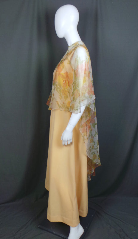 1960s Yellow Chiffon Cape Maxi Dress M