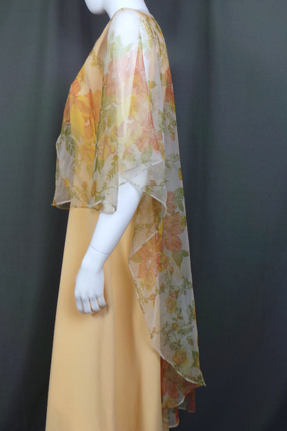 1960s Yellow Chiffon Cape Maxi Dress | M