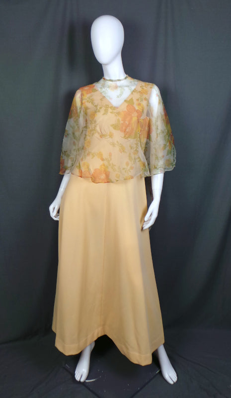 1960s Yellow Chiffon Cape Maxi Dress M