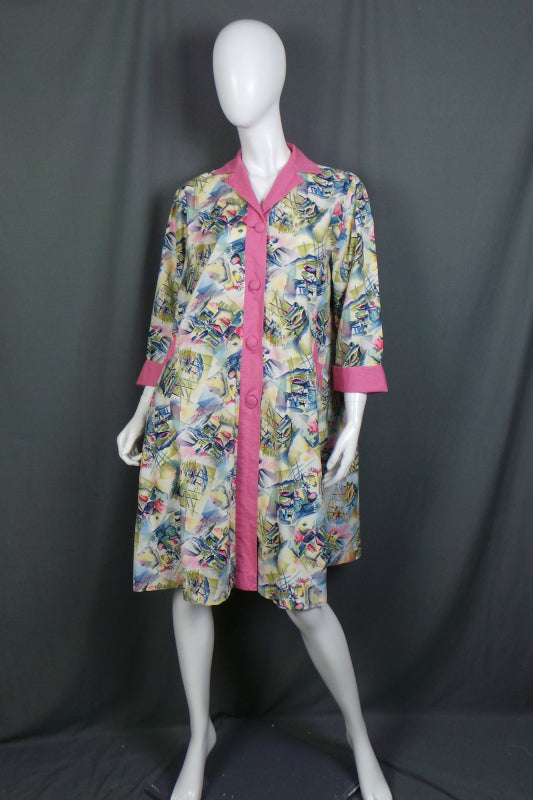 1950s Pastel Boat Print House Coat | 2XL