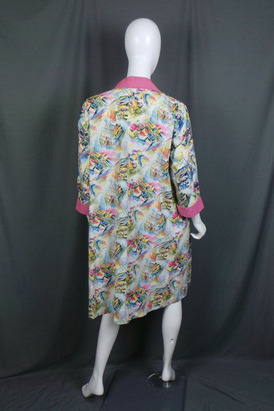 1950s Pastel Boat Print House Coat | 2XL