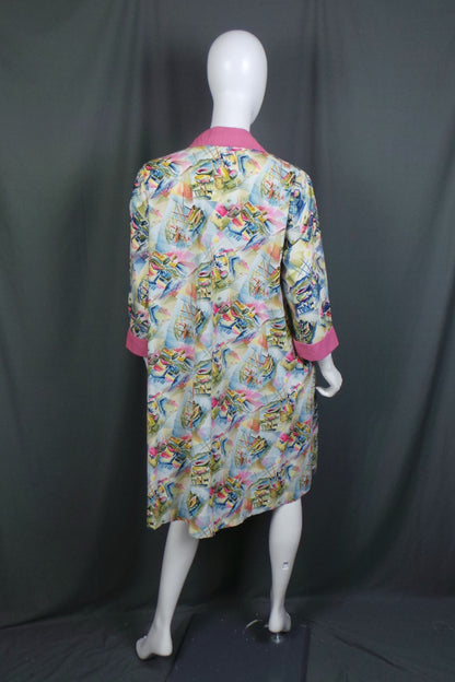 1950s Pastel Boat Print House Coat | 2XL