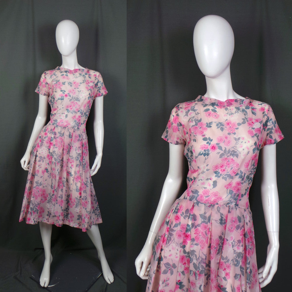1950s Semi Sheer Pink Rose Print Vintage Dress, by St Michael