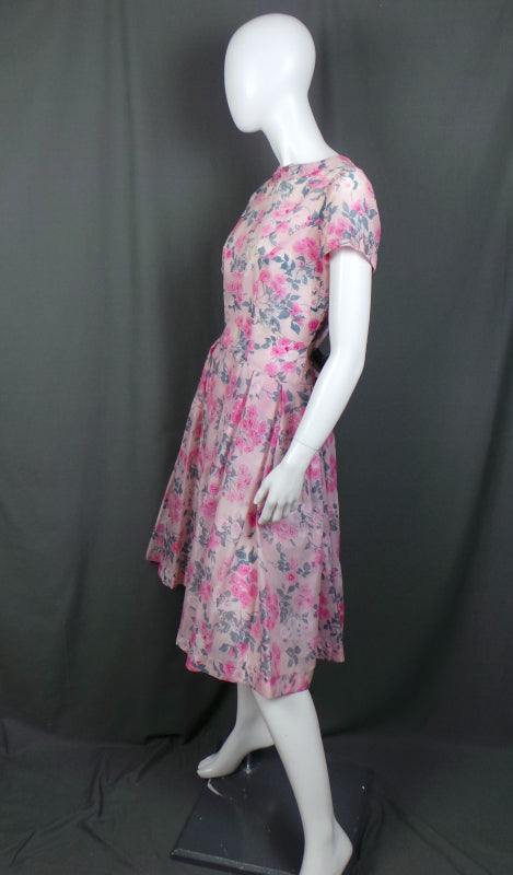 1950s Pink Rose Print Sheer Vintage Dress | St Michael